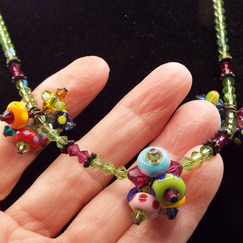 COLORFUL FUN LAMPWORK BEADS ON LIME GREEN AB CRYSTAL 15" CHOKER NECKLACE B1 - Picture 2 of 3
